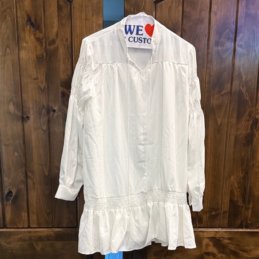White Long-Sleeve Dress with Ruffle Hem